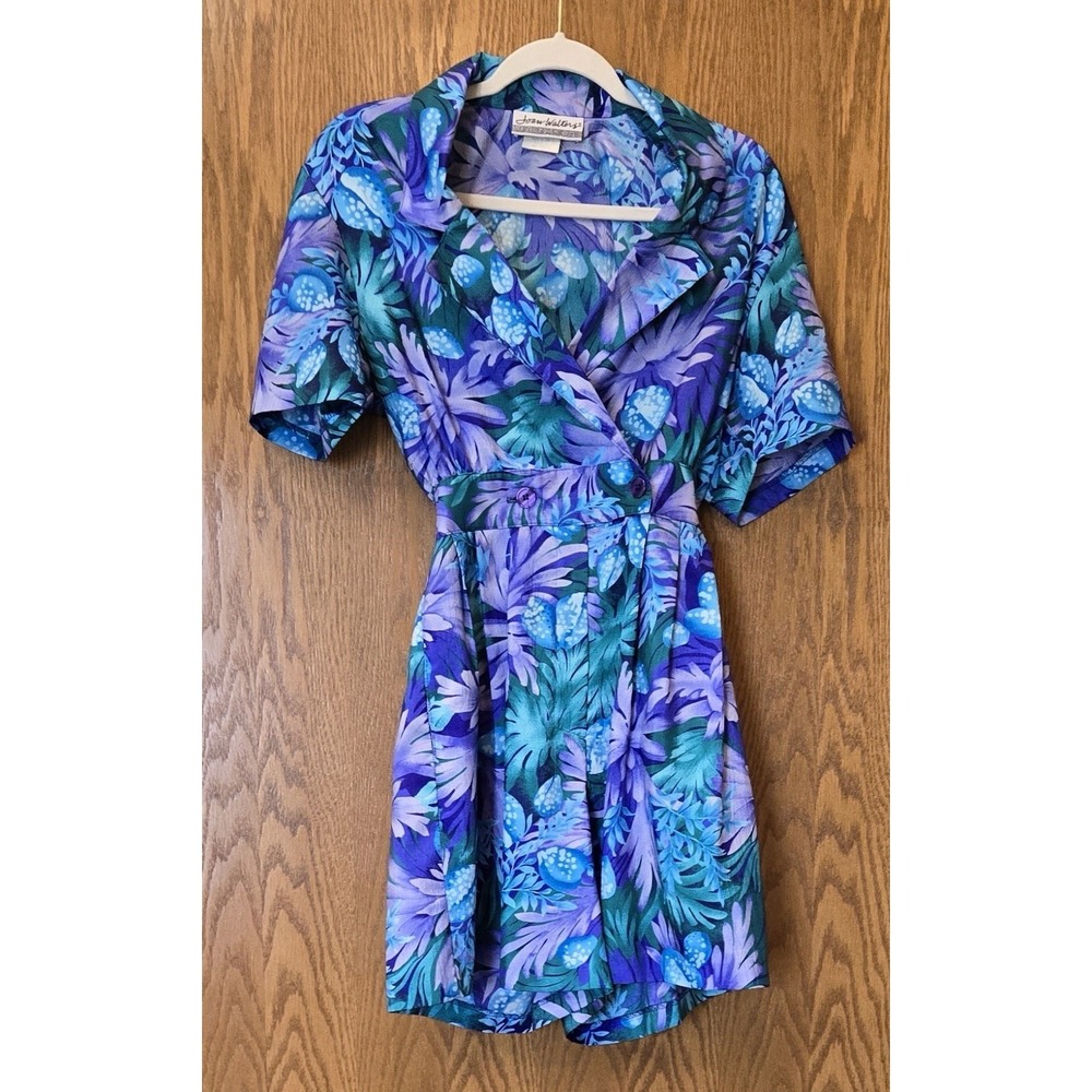 Vtg 80s Joan Walters Romper Festival Abstract Watercolor Floral Teal Size S